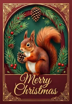 Merry Christmas Red Squirrel Holding A Pine Cone