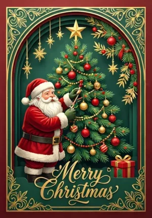 Merry Christmas Santa Decorating A Christmas Tree