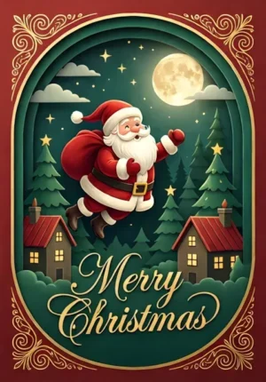 Merry Christmas Santa Flying Over Moonlit Rooftops