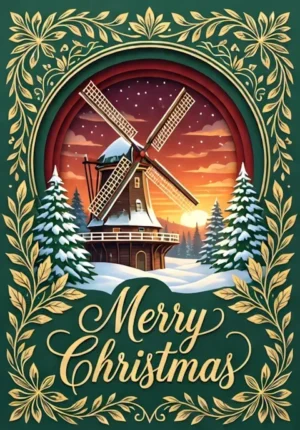Merry Christmas Snowy Windmill At Sunset
