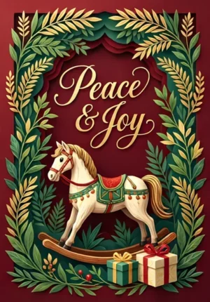 Peace And Joy Wooden Rocking Horse Beside Presents