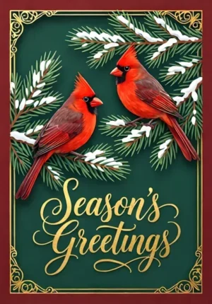 Season Pair Of Cardinals Among Winter Pine Branches