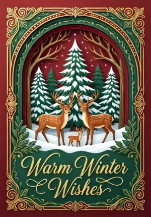 Warm Winter Wishes Family Of Deer Beneath Snow Laden Fir Trees