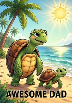 Awesome Dad Dad Turtle And Baby Turtle Slowly Walking Together Along A Sunny Beach