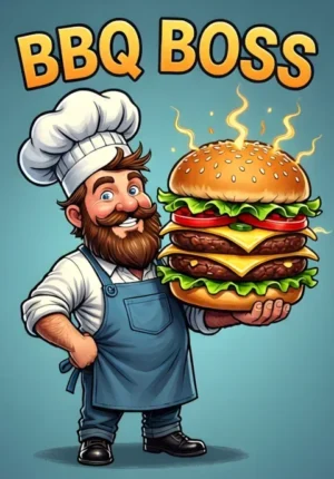 Bbq Boss Dad Proudly Wearing An Apron And Chef Hat While Holding An Absurdly Enormous Burger
