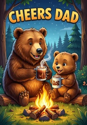 Cheers Dad Dad Bear And Cub Clinking Mugs Of Hot Chocolate Beside A Cozy Campfire
