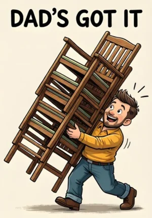 Dads Got It Dad Attempting To Carry An Enormous Stack Of Garden Chairs At Once