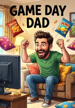 Game Day Dad Dad Enthusiastically Cheering At The Television While Snacks And Cushions Fly Everywhere