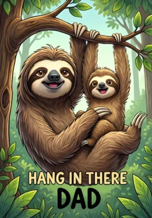 Hang In There Dad Dad Sloth And Baby Sloth Hanging Together From A Tree Branch