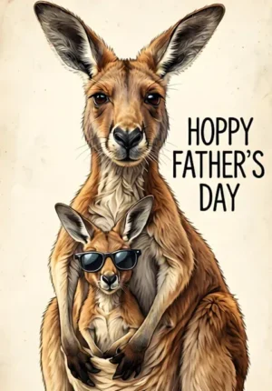 Hoppy Fathers Day Dad Kangaroo Carrying A Happy Little Joey In His Pouch While Wearing Sunglasses