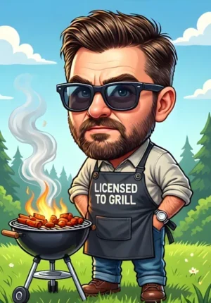 Licensed To Grill Dad Standing Beside A Barbecue Wearing An Apron