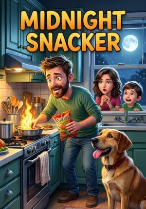 Midnight Snacker Dad Sneaking Snacks From The Kitchen Late At Night While The Family Dog Watches Suspiciously