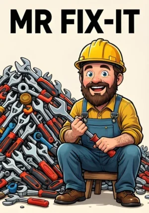 Mr Fixit Dad Sitting Proudly Beside A Giant Pile Of Tools While Using The Wrong Tool For A Simple Job
