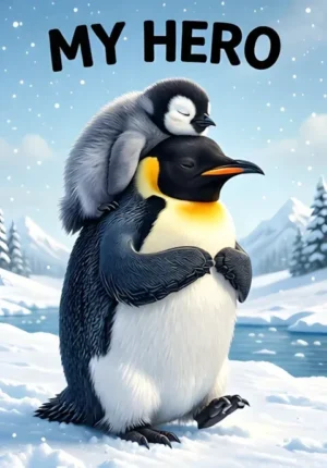 My Hero Dad Penguin Carrying A Sleepy Little Penguin On His Shoulders Across The Snow