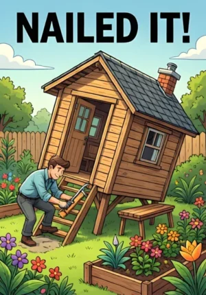 Nailed It Dad Attempting To Build A Garden Shed While The Finished Shed Leans Dramatically Sideways