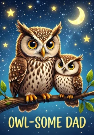 Owlsome Dad Dad Owl And Little Owl Sitting Together On A Branch Beneath A Starry Sky