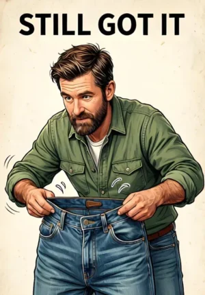 Still Got It Dad Trying To Squeeze Into An Old Pair Of Jeans While Insisting They Still Fit