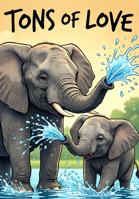 Tons Of Love Dad Elephant And Little Elephant Spraying Each Other Playfully With Water From Their Trunks