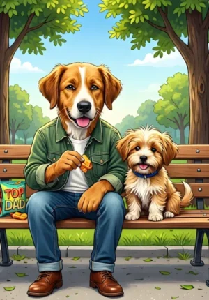 Top Dad Dad Dog And Puppy Sitting Together On A Park Bench Sharing Snacks
