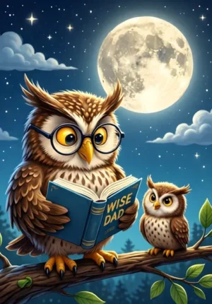 Wise Dad Dad Owl Wearing Glasses And Reading A Book To A Little Owl Beneath The Moon
