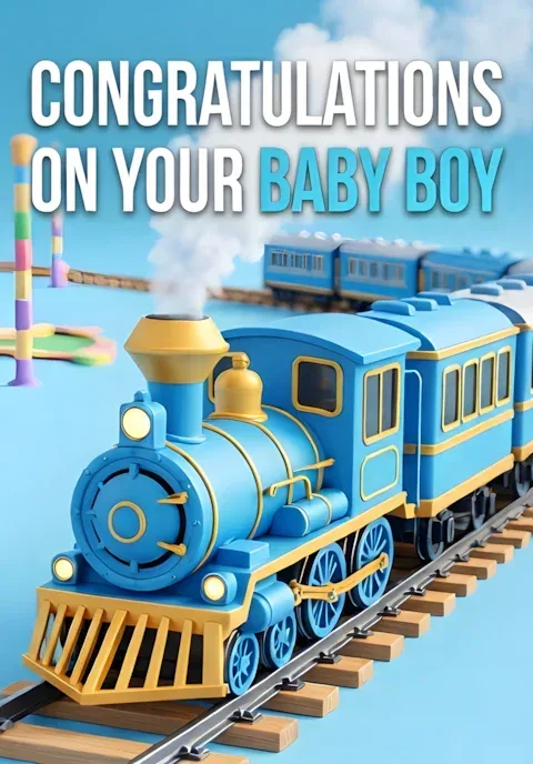 Illustrated Blue Train On Pastel Tracks