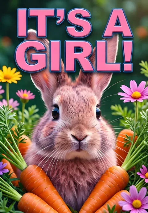 Pink Bunny With Carrots And Flowers