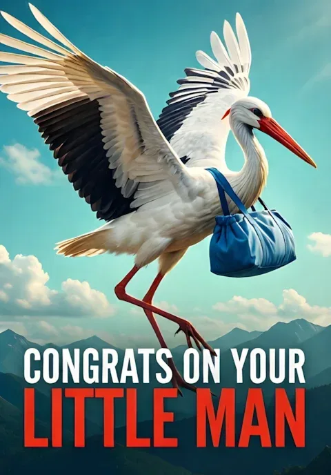 Whimsical Stork Carrying A Blue Bundle Against A Teal Sky