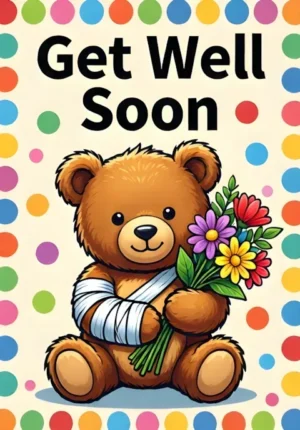 Cute Teddy Bear With A Bandaged Arm Holding Flowers