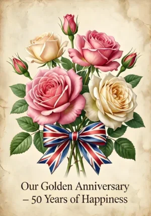 Vintage Watercolour Roses In Soft Pinks And Creams With Union Jack Ribbon