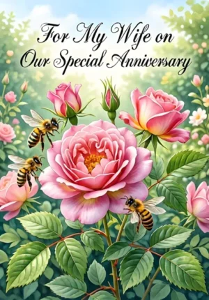 Watercolour English Roses And Bees In Garden Style